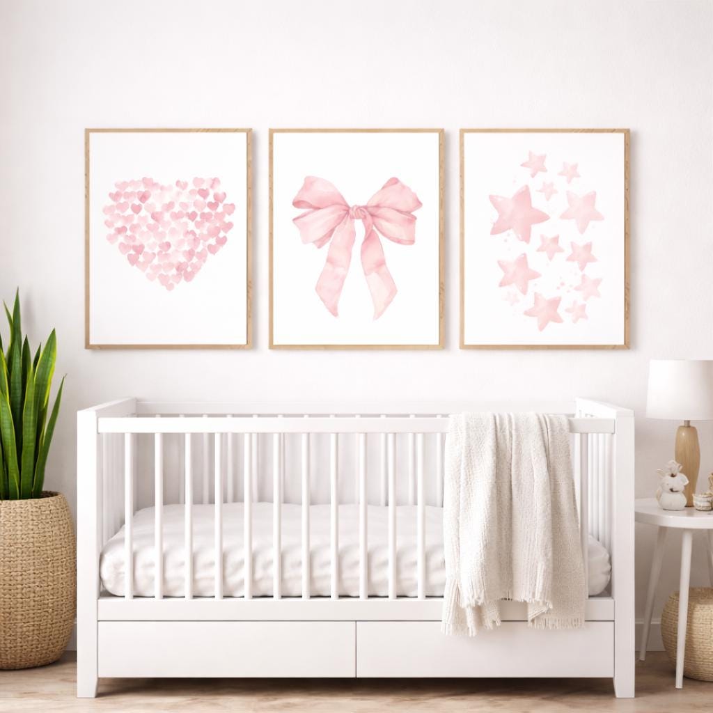 Pink Watercolor Nursery Wall Art Set of 3, Heart Bow Star Prints