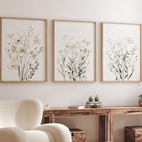 White Wildflower Wall Art Set of 3, Neutral Botanical Prints