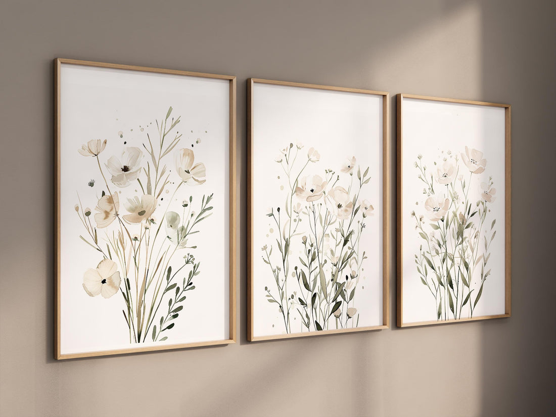 White Wildflower Wall Art Set of 3, Neutral Botanical Prints