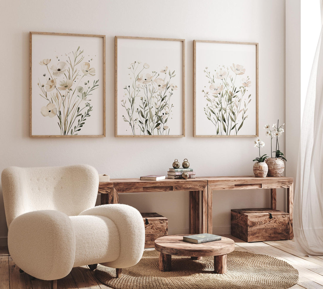 White Wildflower Wall Art Set of 3, Neutral Botanical Prints
