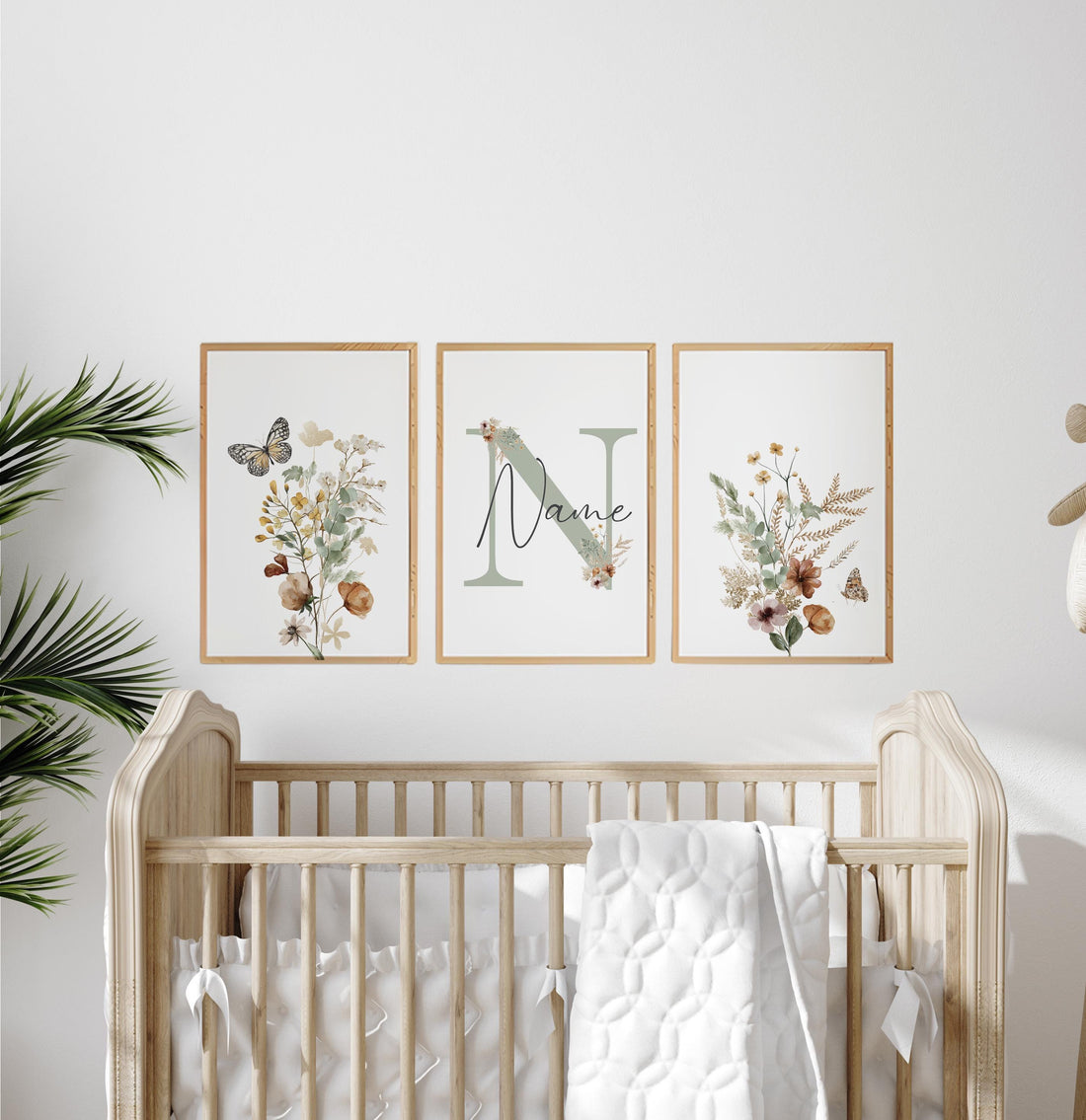 Sage Green Floral Nursery Wall Art Set of 3, Personalized Name Nursery Prints