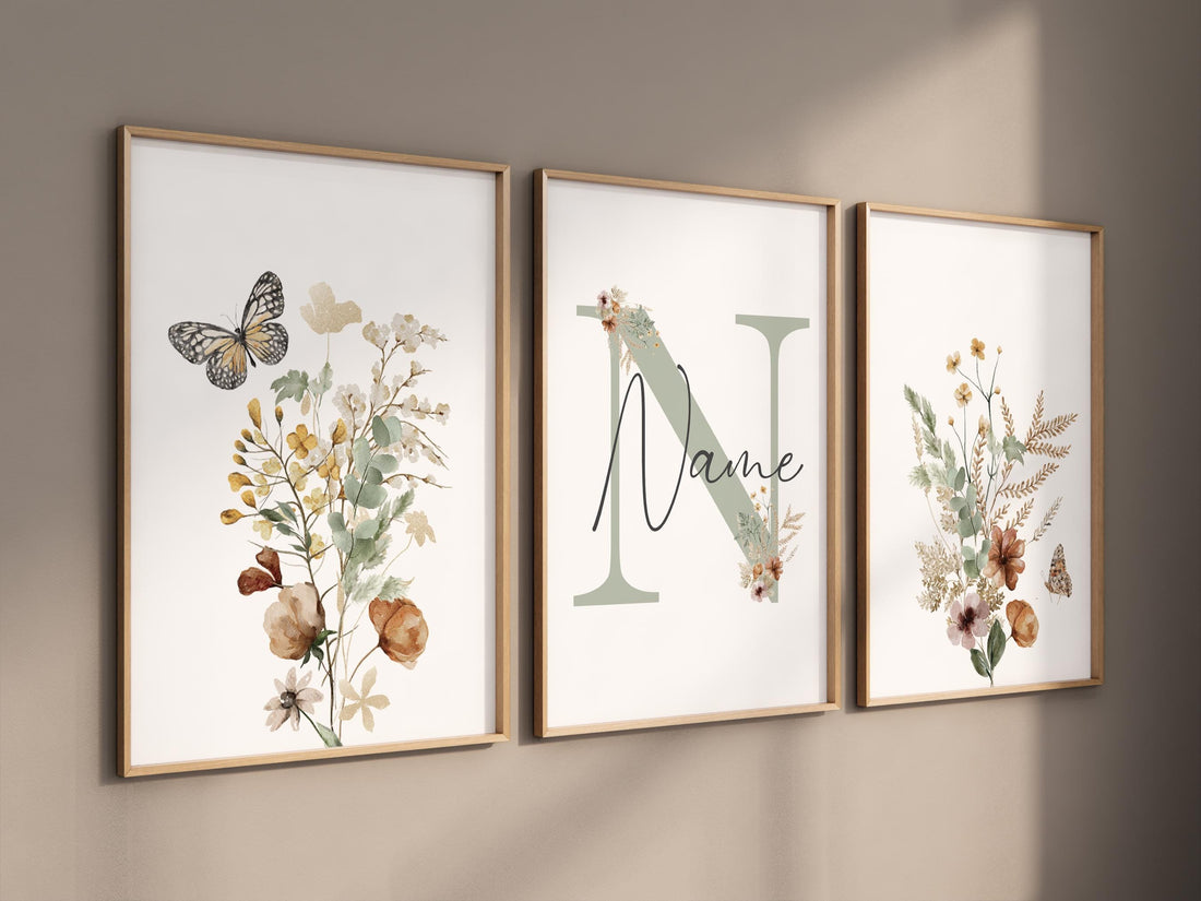 Sage Green Floral Nursery Wall Art Set of 3, Personalized Name Nursery Prints