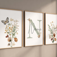 Sage Green Floral Nursery Wall Art Set of 3, Personalized Name Nursery Prints