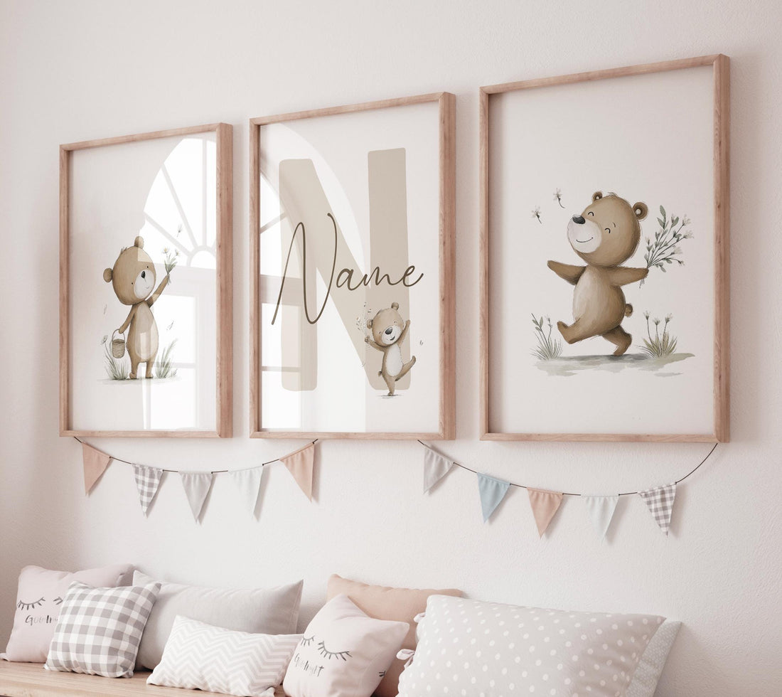Personalized Bear Nursery Wall Art Set, Neutral Teddy Bear Name Prints