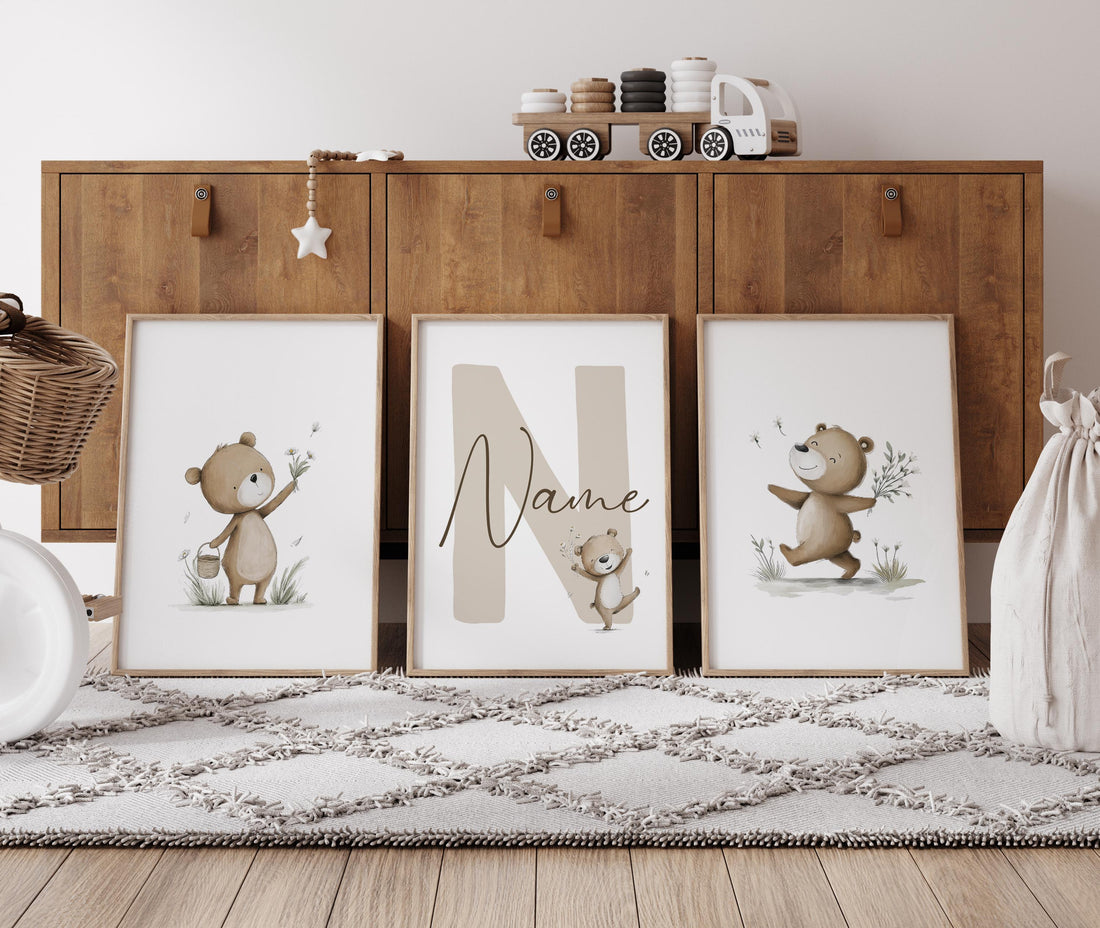 Personalized Bear Nursery Wall Art Set, Neutral Teddy Bear Name Prints