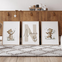 Personalized Bear Nursery Wall Art Set, Neutral Teddy Bear Name Prints