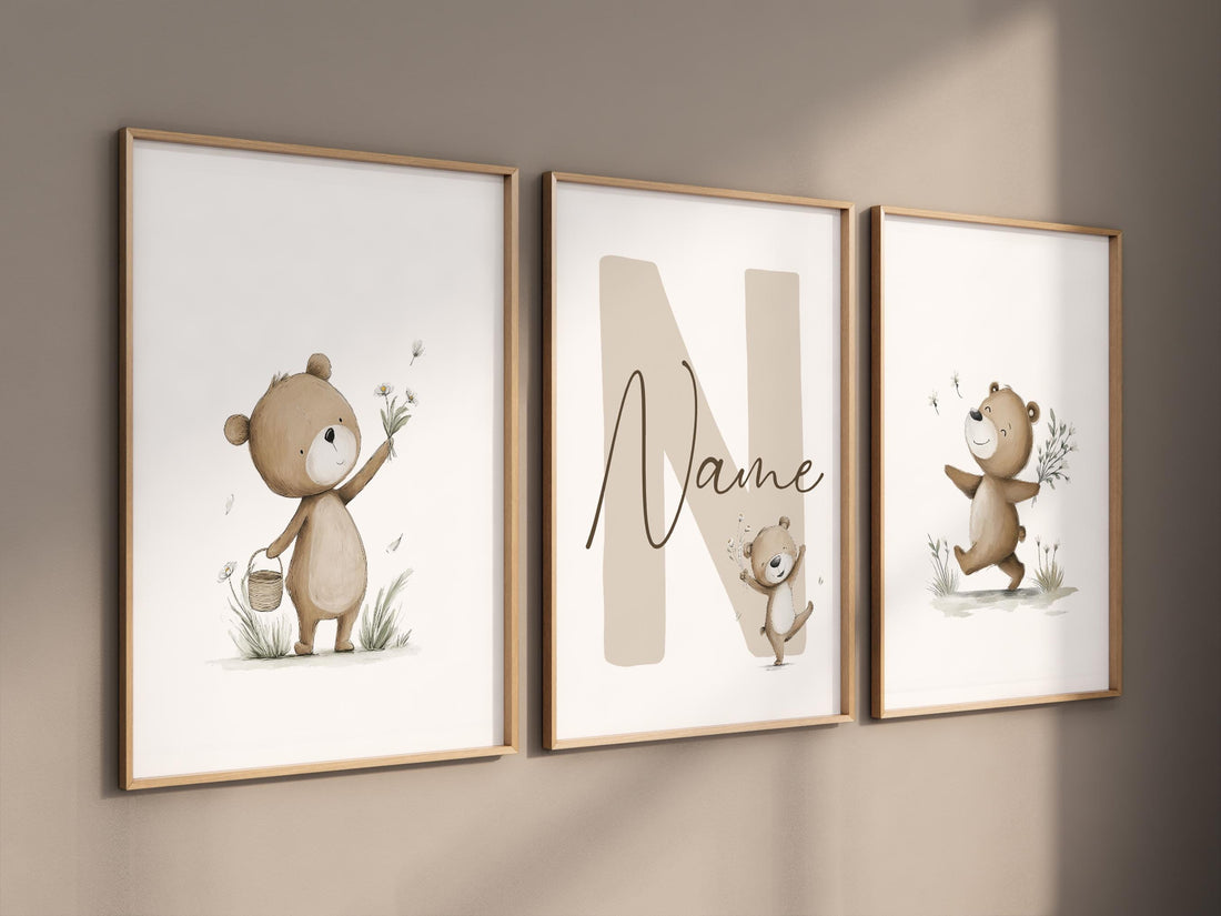 Personalized Bear Nursery Wall Art Set, Neutral Teddy Bear Name Prints