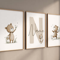 Personalized Bear Nursery Wall Art Set, Neutral Teddy Bear Name Prints