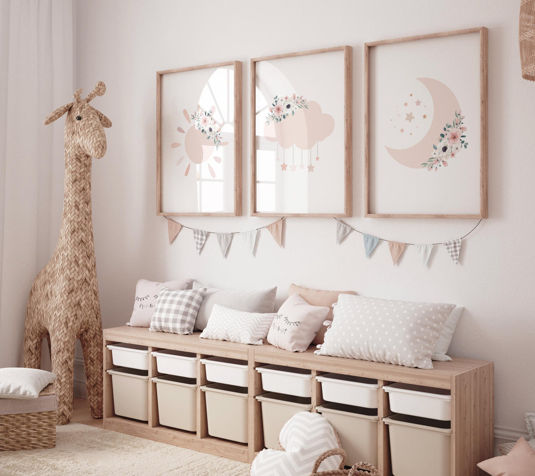 Blush Pink Nursery Prints: Moon, Star, Cloud Decor