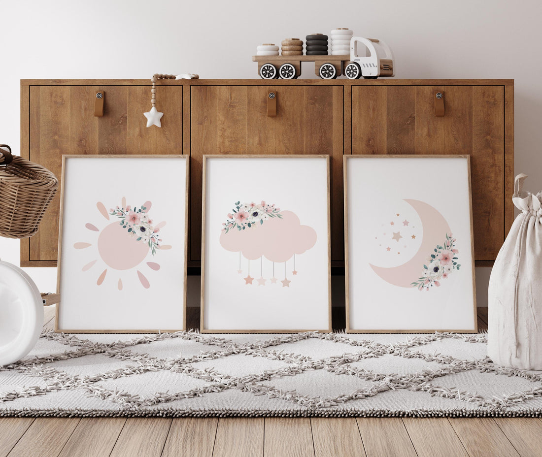 Blush Pink Nursery Prints: Moon, Star, Cloud Decor