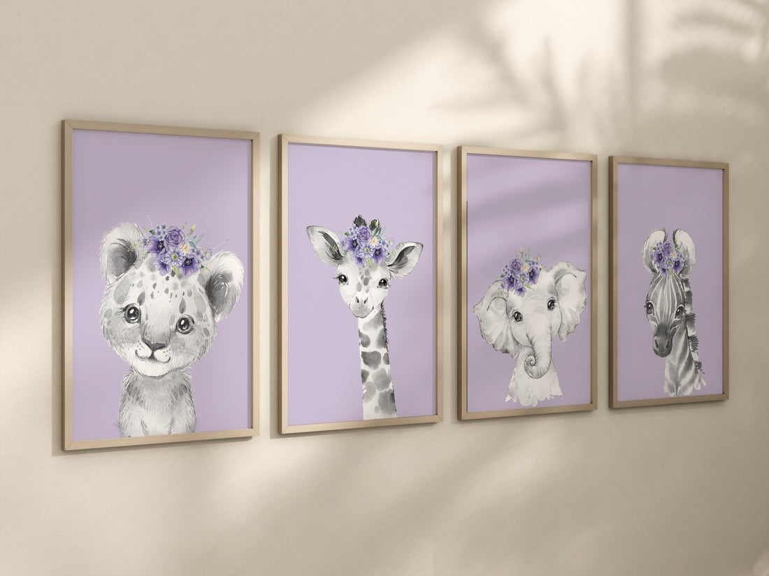 Purple Safari Animal Nursery Prints: Elephant, Giraffe, Bear, Zebra