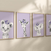 Purple Safari Animal Nursery Prints: Elephant, Giraffe, Bear, Zebra