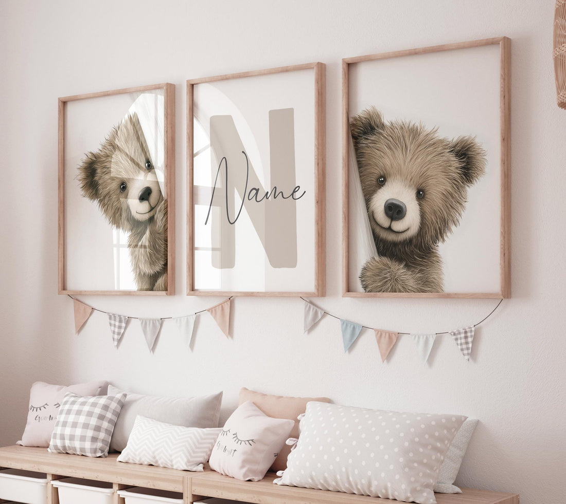 Peek a Boo Bear Nursery Wall Art Set of 3, Neutral Woodland Bear Prints