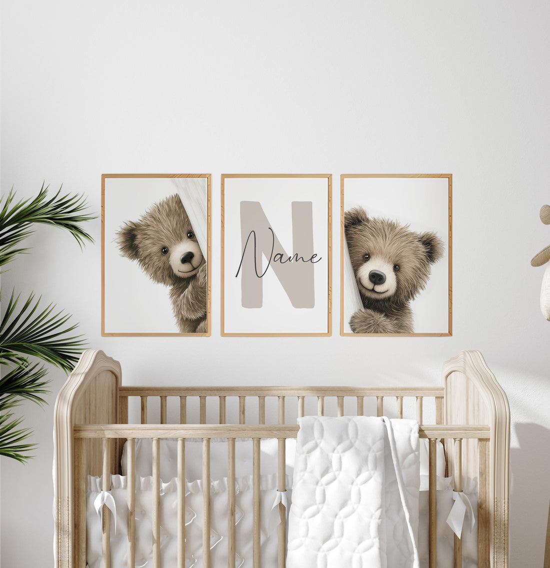 Peek a Boo Bear Nursery Wall Art Set of 3, Neutral Woodland Bear Prints