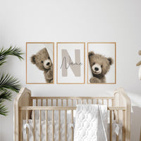 Peek a Boo Bear Nursery Wall Art Set of 3, Neutral Woodland Bear Prints