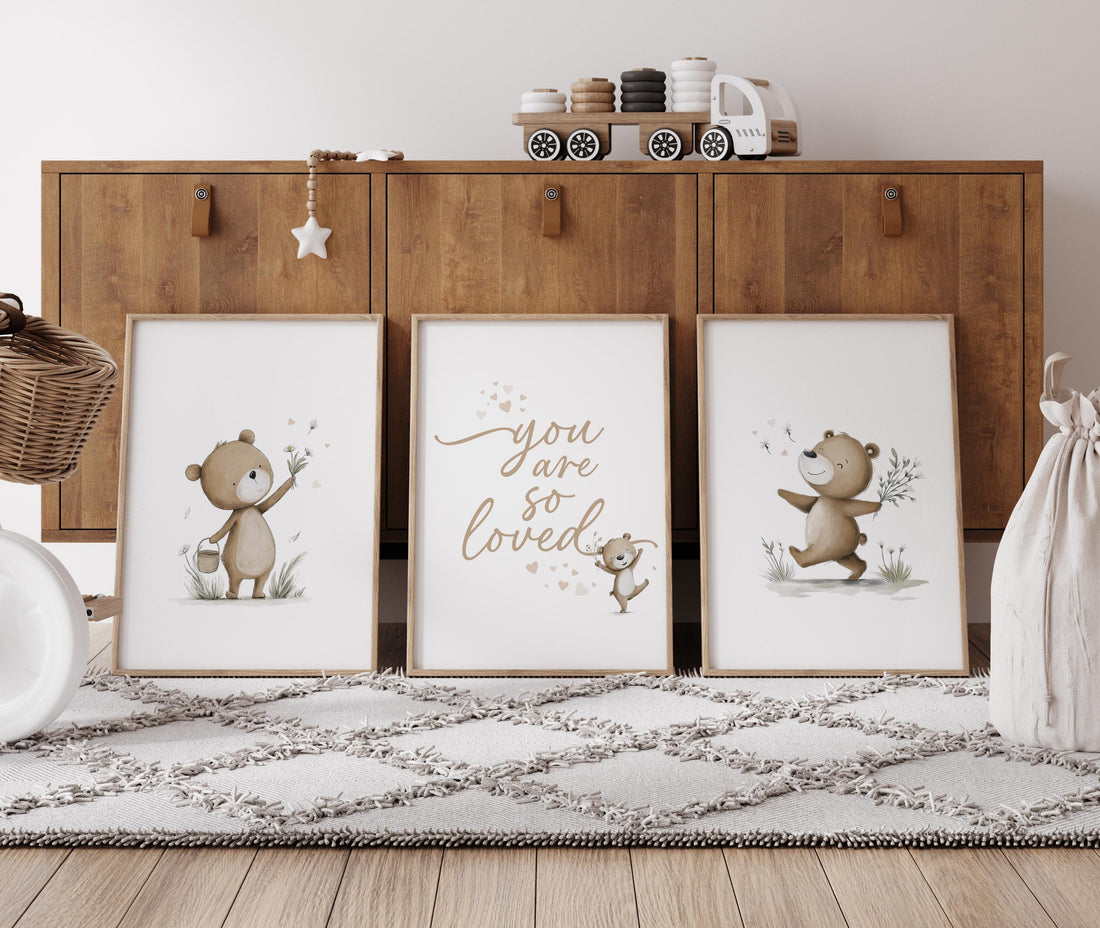 Neutral Bear Nursery Wall Art Set, You Are So Loved Print, Teddy Bear