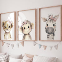 Safari Baby Girl Nursery Wall Art Set of 3, Lion Monkey Zebra Prints