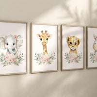 Safari Nursery Prints: Blush Pink Lion, Elephant, Giraffe, zebra Wall Art