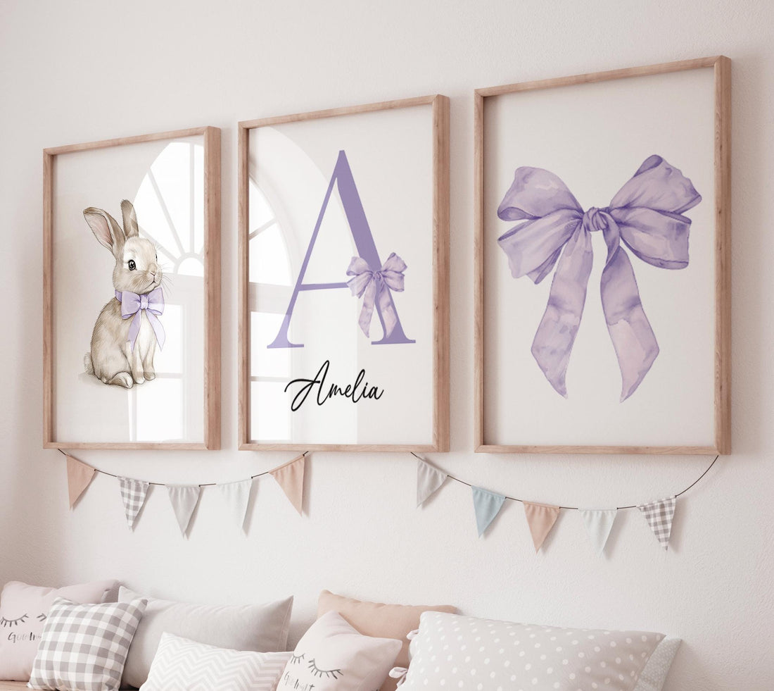 Personalized Bunny Nursery Wall Art Set of 3, Purple Bow Girl Nursery Decor