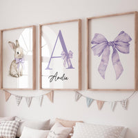 Personalized Bunny Nursery Wall Art Set of 3, Purple Bow Girl Nursery Decor