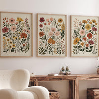 Botanical Flower Wall Art Set of 3, Neutral Floral Prints, Boho Wildflower