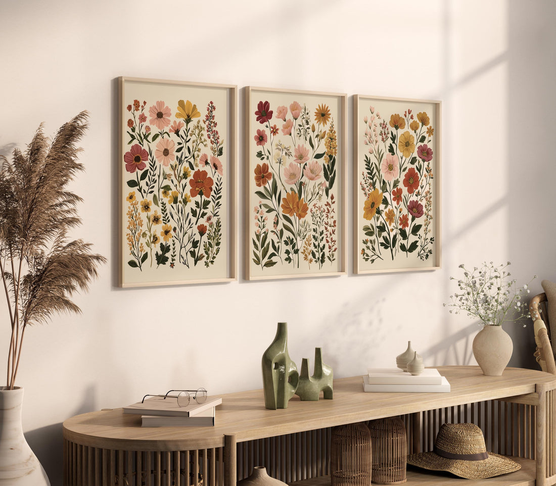 Botanical Flower Wall Art Set of 3, Neutral Floral Prints, Boho Wildflower