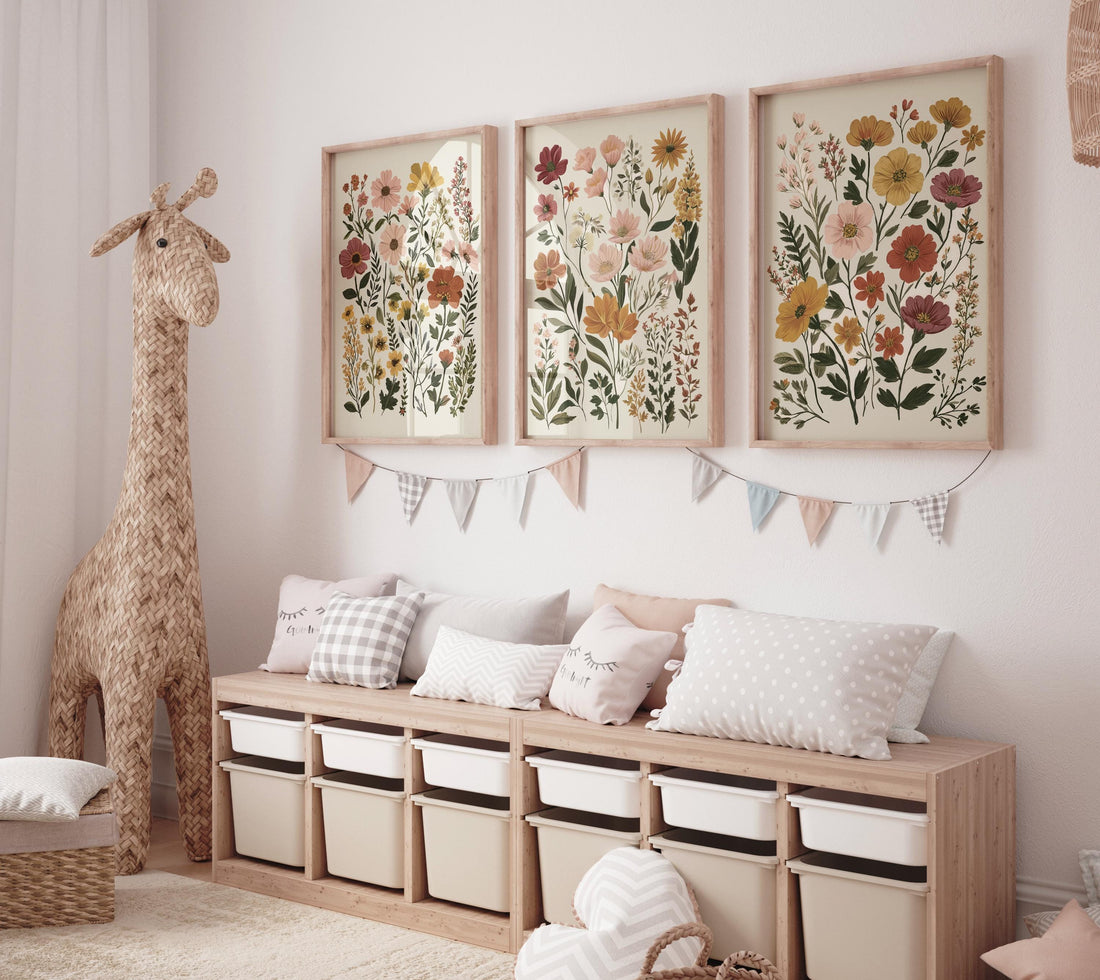 Botanical Flower Wall Art Set of 3, Neutral Floral Prints, Boho Wildflower