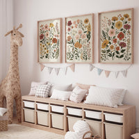 Botanical Flower Wall Art Set of 3, Neutral Floral Prints, Boho Wildflower