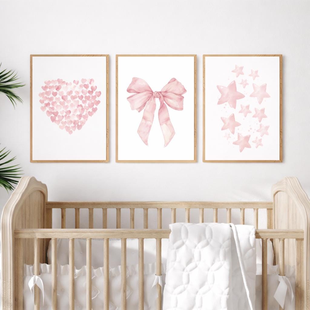Pink Watercolor Nursery Wall Art Set of 3, Heart Bow Star Prints