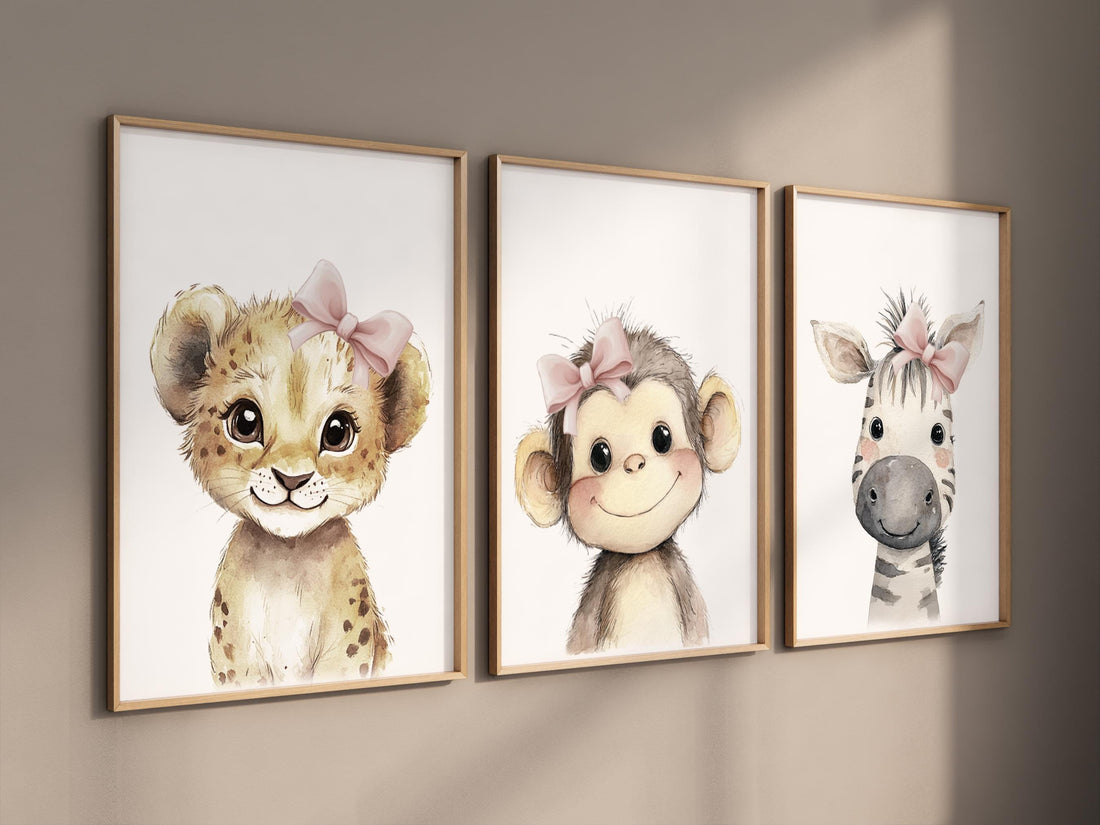 Safari Baby Girl Nursery Wall Art Set of 3, Lion Monkey Zebra Prints