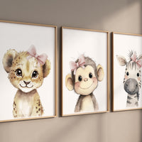 Safari Baby Girl Nursery Wall Art Set of 3, Lion Monkey Zebra Prints