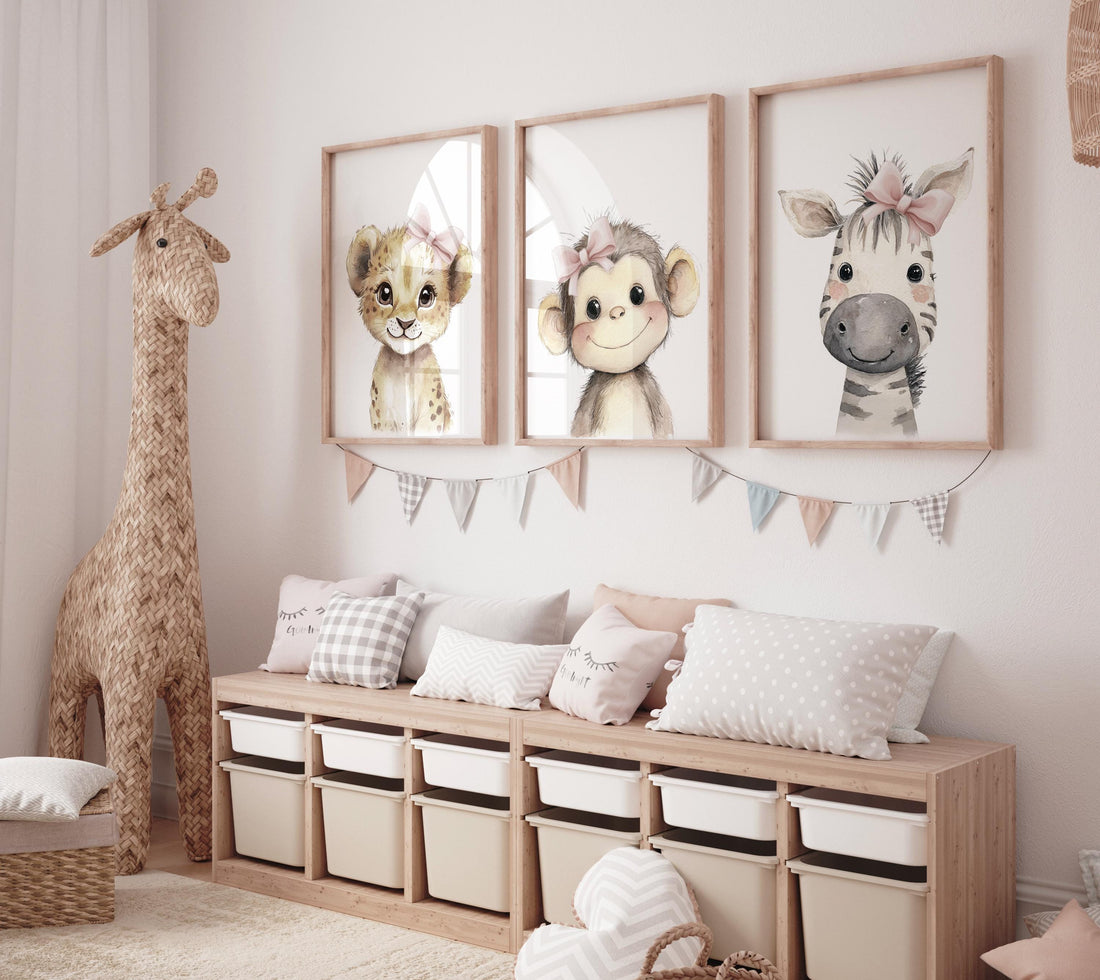 Safari Baby Girl Nursery Wall Art Set of 3, Lion Monkey Zebra Prints