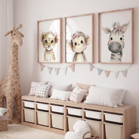 Safari Baby Girl Nursery Wall Art Set of 3, Lion Monkey Zebra Prints