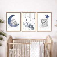 Navy Blue Owl Nursery Art Set, We Love You to the Moon and Back Prints
