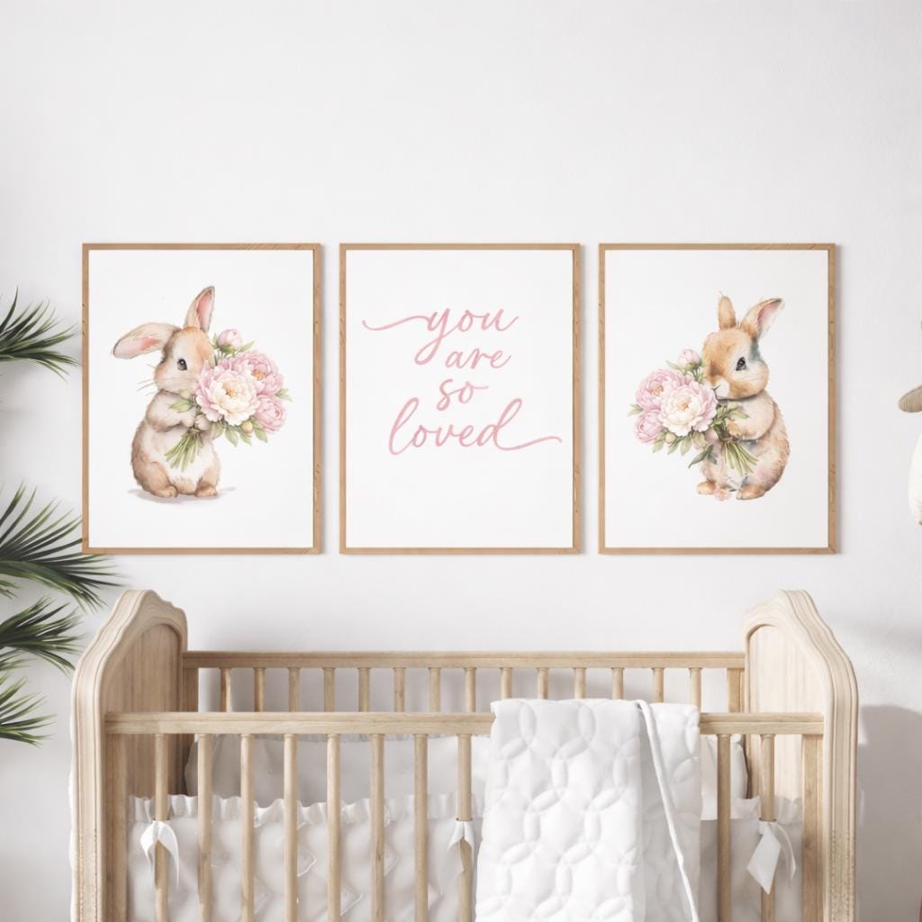 Bunny Floral Watercolor Nursery Print: Girl&