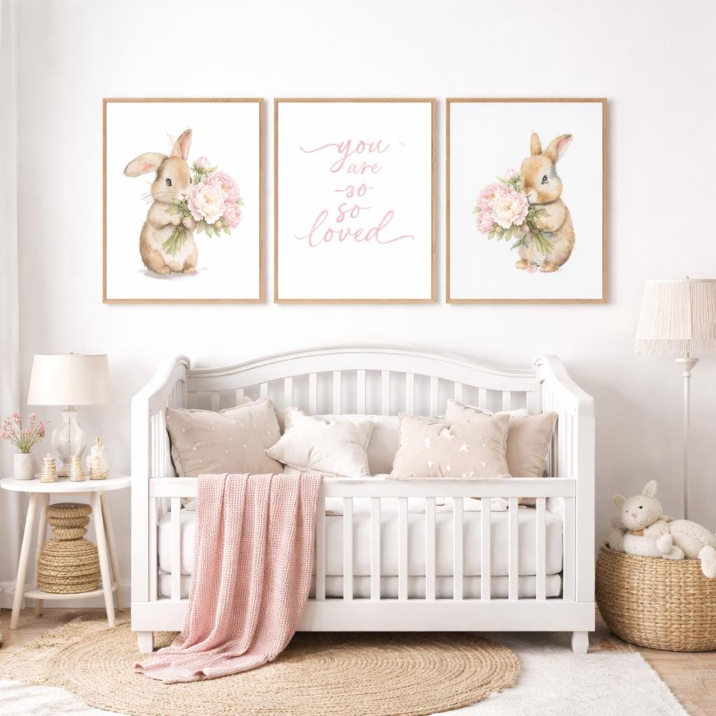 Bunny Floral Watercolor Nursery Print: Girl&