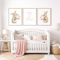 Bunny Floral Watercolor Nursery Print: Girl's Room Wall Art