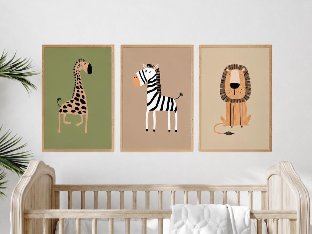 Safari Animal Nursery Prints, Boho Jungle Art, Set of 3