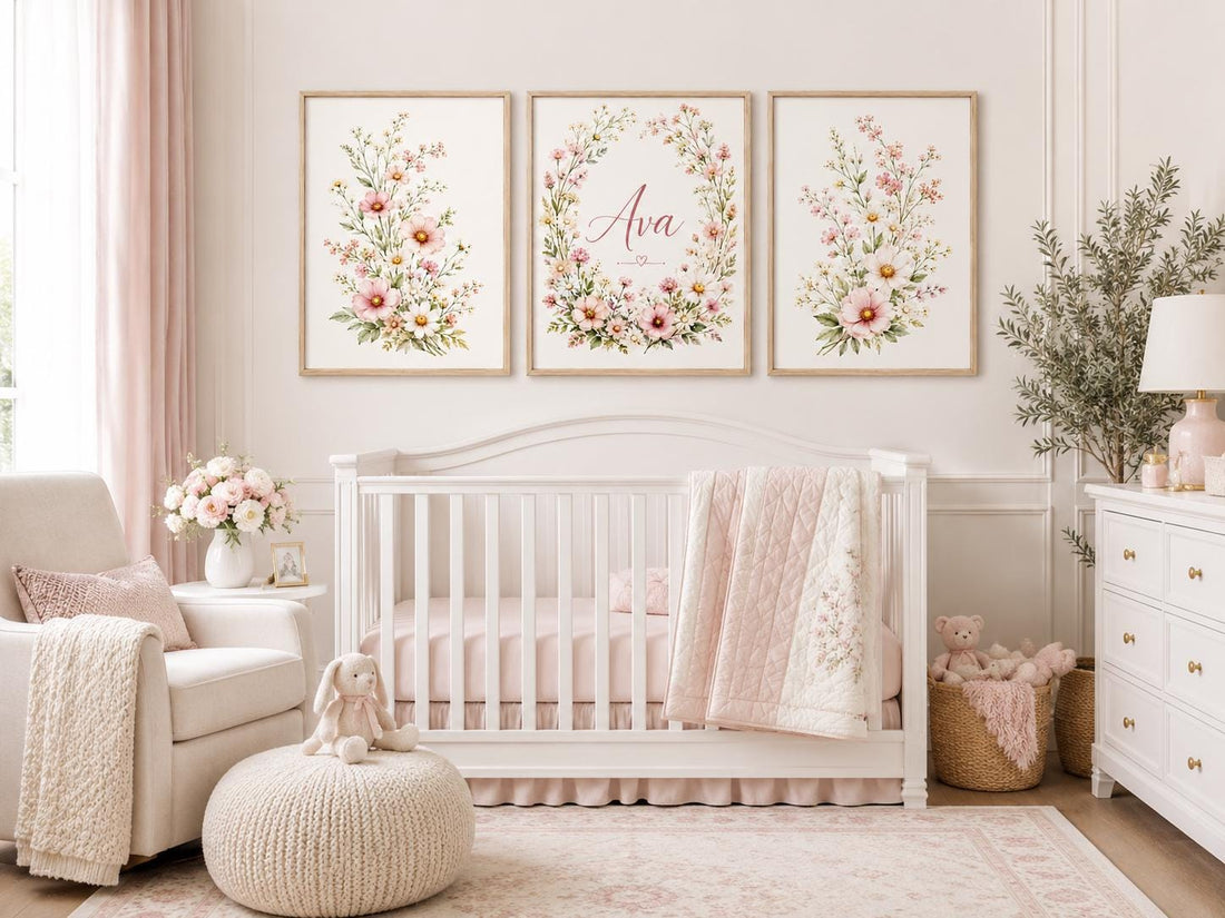 Personalized Floral Nursery Wall Art Set of 3, Pink Wildflower Baby Girl Room