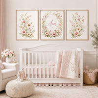Personalized Floral Nursery Wall Art Set of 3, Pink Wildflower Baby Girl Room