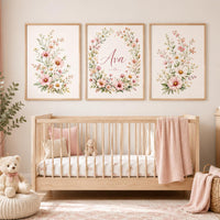 Personalized Floral Nursery Wall Art Set of 3, Pink Wildflower Baby Girl Room