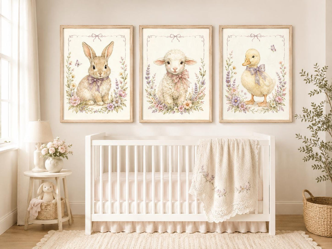 Bunny Lamb Duck Nursery Wall Art Set of 3, Floral Farm Animal Print