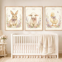 Bunny Lamb Duck Nursery Wall Art Set of 3, Floral Farm Animal Print
