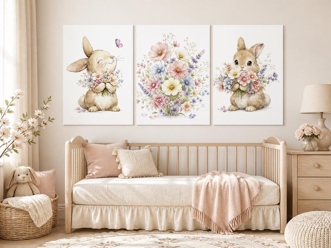 Bunny Floral Watercolor Nursery Print: Girl&