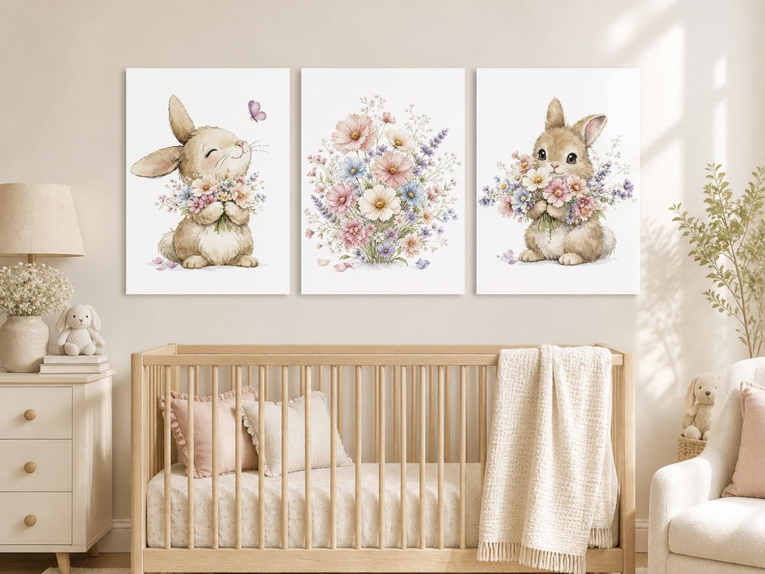 Bunny Floral Watercolor Nursery Print: Girl&