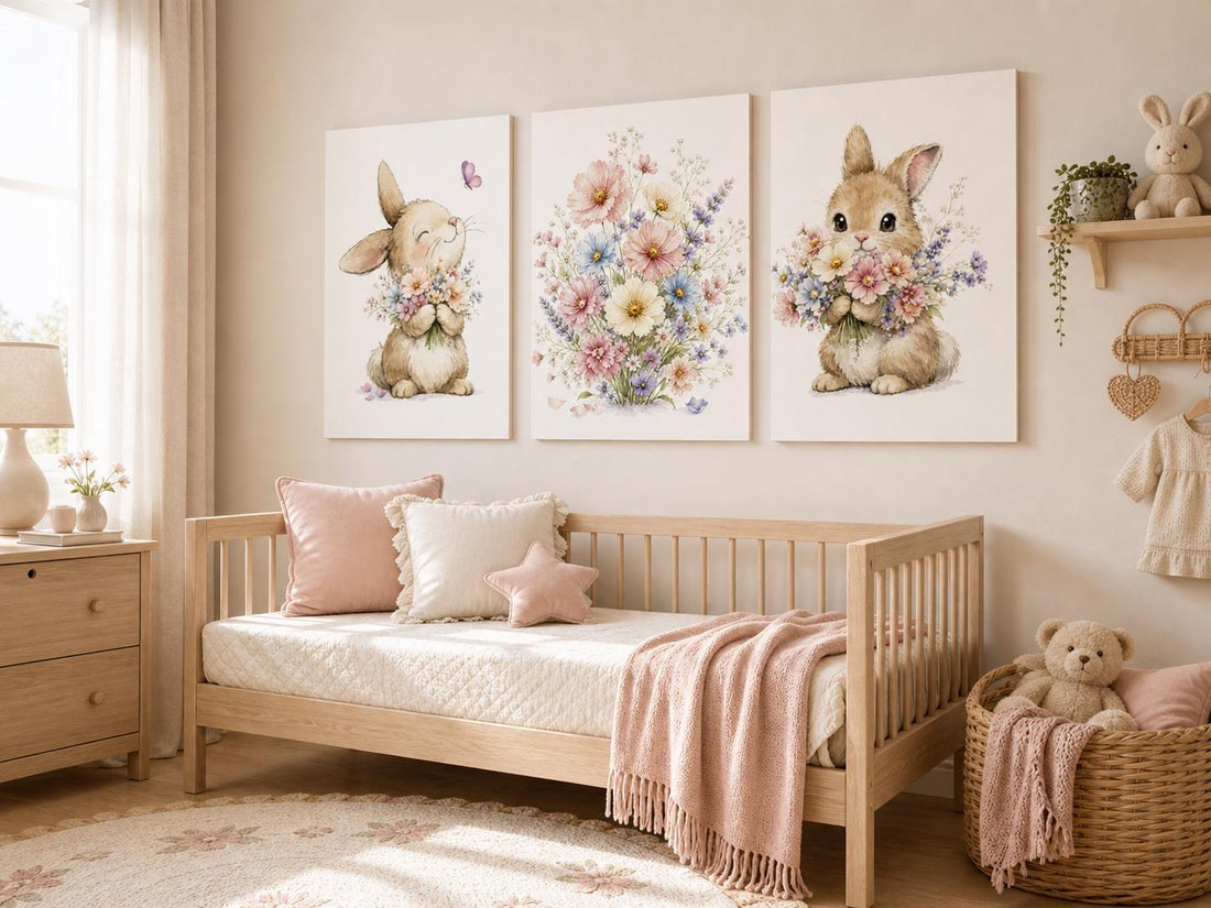 Bunny Floral Watercolor Nursery Print: Girl&