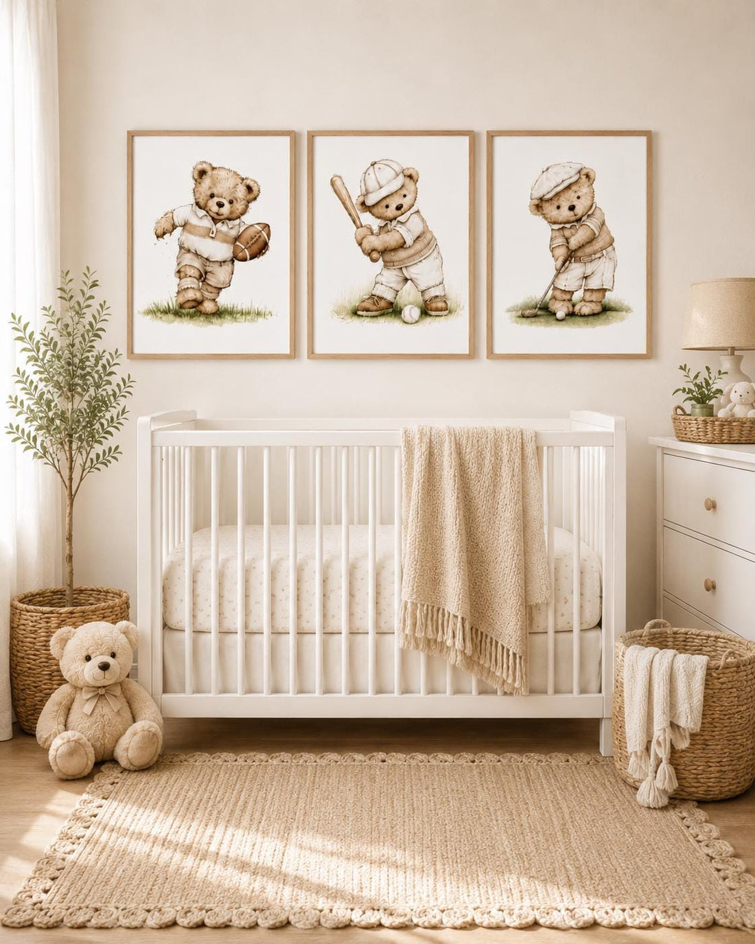 Neutral Sports Bear Nursery Wall Art Set of 3, Baby Boy Sports Print
