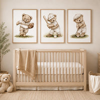 Neutral Sports Bear Nursery Wall Art Set of 3, Baby Boy Sports Print