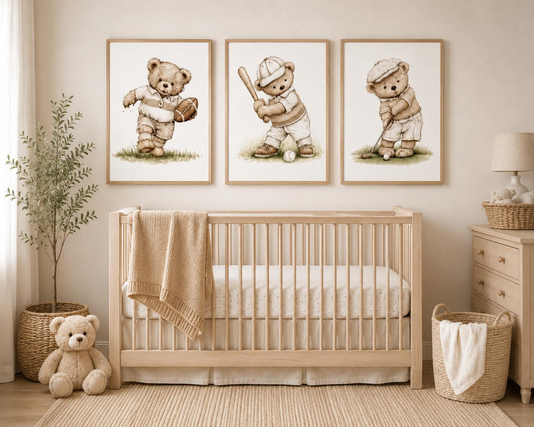 Neutral Sports Bear Nursery Wall Art Set of 3, Baby Boy Sports Print
