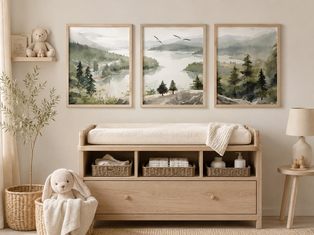 Forest Nursery Wall Art Set of 3, Woodland Landscape Prints, Green Nursery